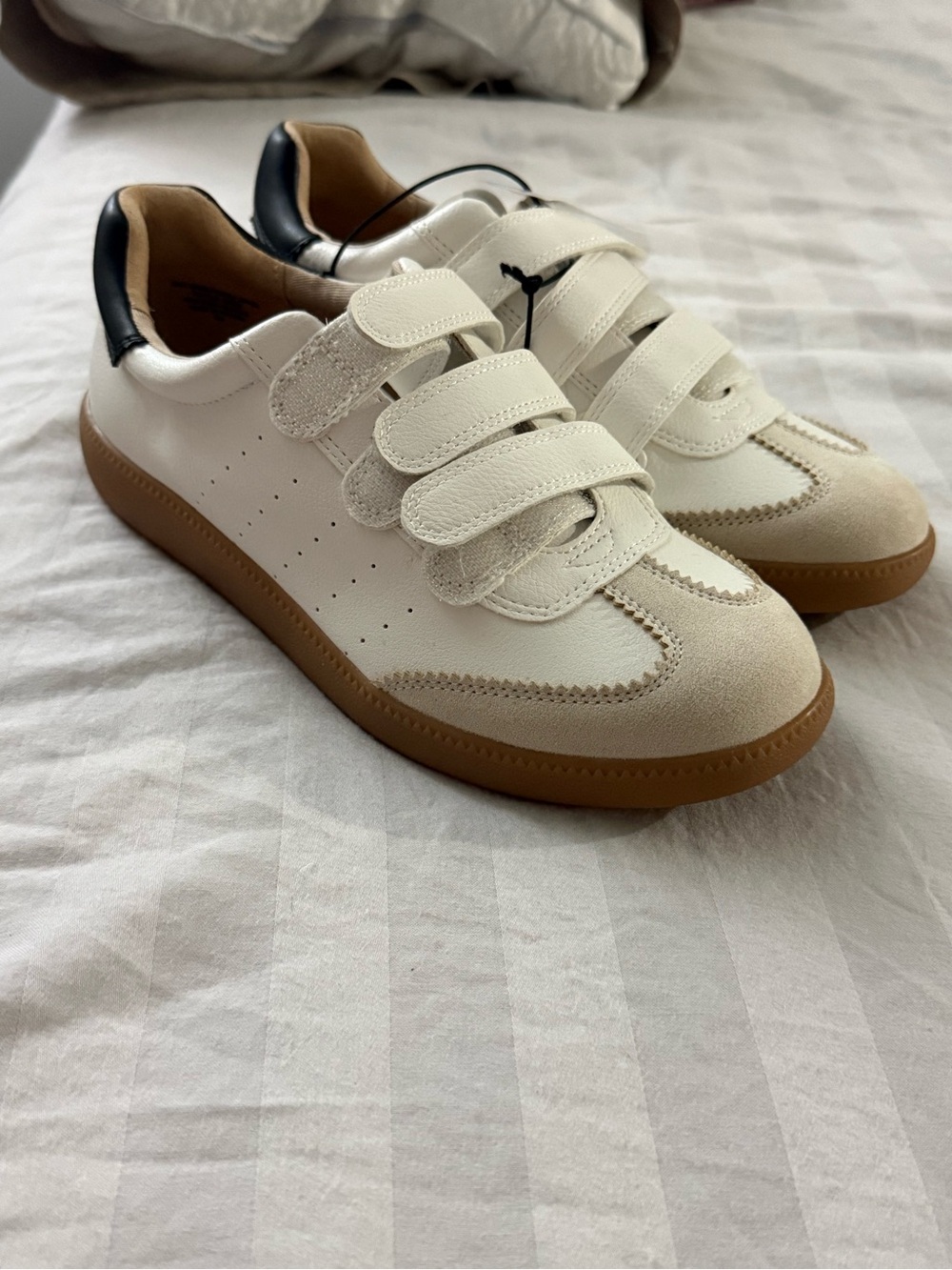Aldo White and Tan Velcro Casual Sneakers with Black Heel